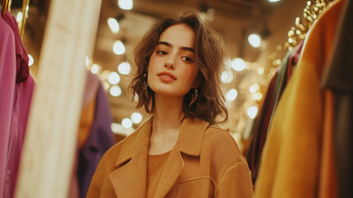 Young woman trying on designer clothing in boutique