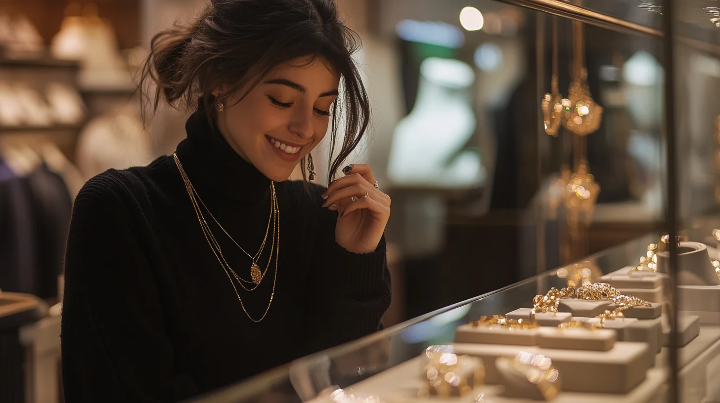 Stylish woman trying on layered gold necklaces